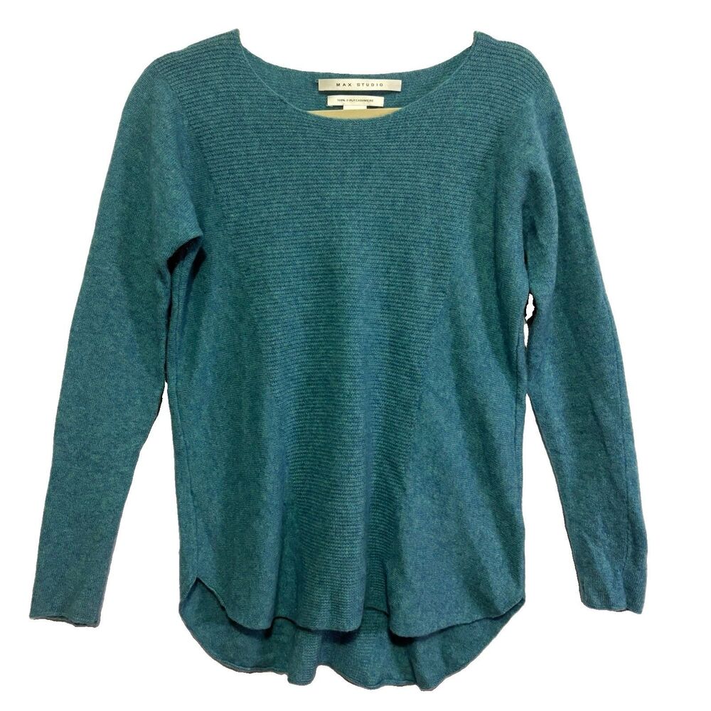 Max Studio Womens Sweater Teal Blue 100% 2 Ply Cashmere Crew Neck Medium Luxury